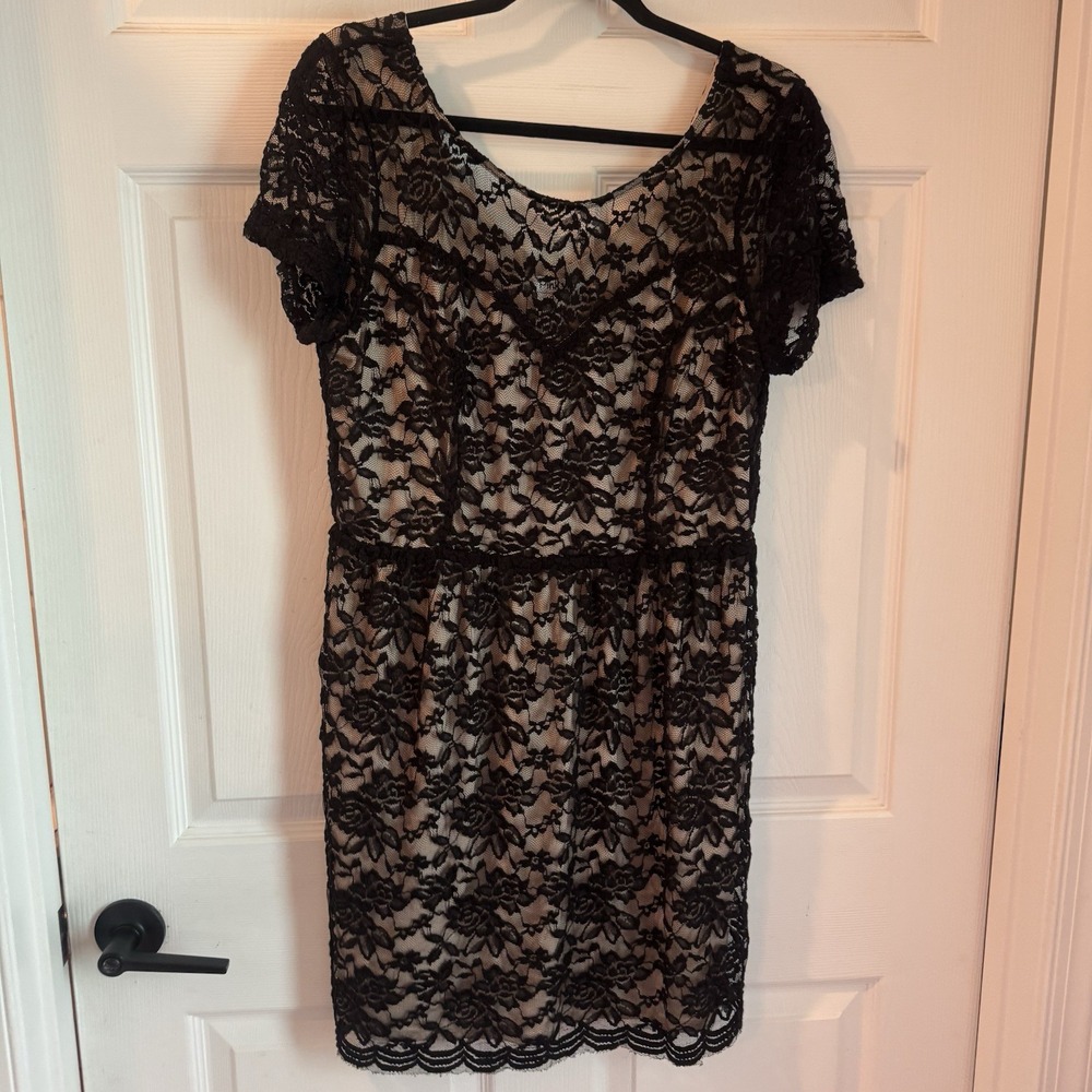 Womens Pinky Black Lace/ Gold Lined Smocked Waist Dress Size XL Boho Gothic